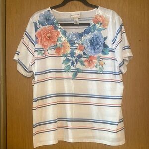Alfred Dunner White and Blue Floral Short Sleeve Blouse